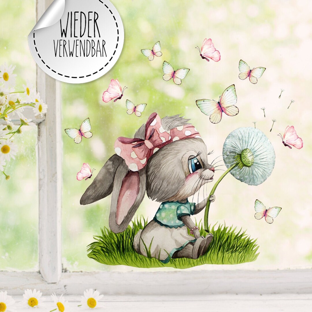 Window Picture Rabbit Bunny Butterflies Spring - Reusable - Window ...