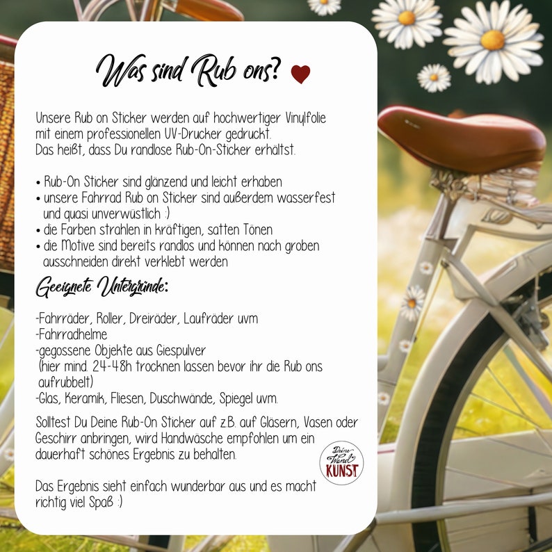 May include: A vintage bicycle with a brown leather seat and white frame is shown. The image includes a white card with German text about Rub-On stickers, with a daisy border. The stickers are for bikes, helmets, and other items.