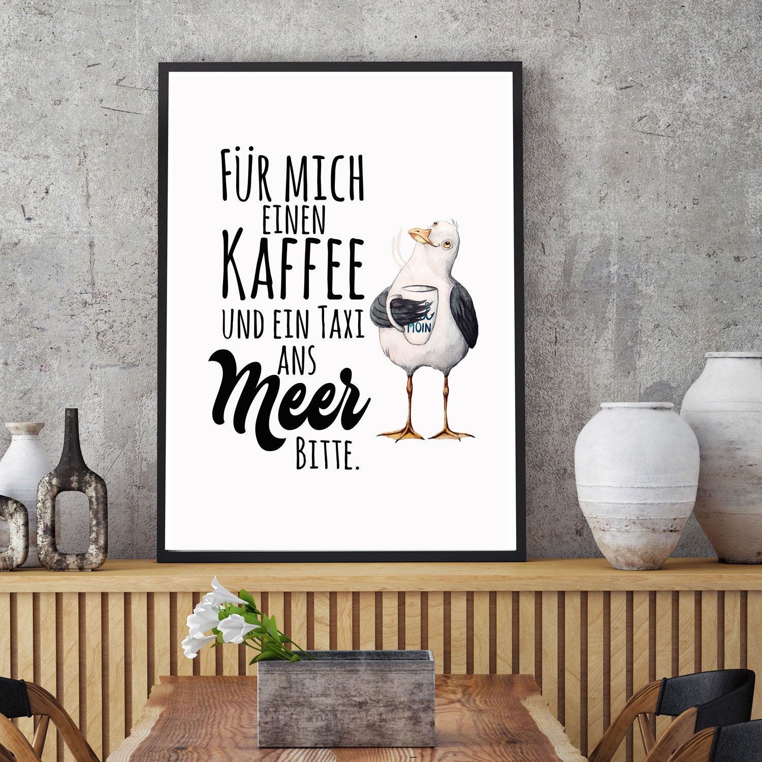 A3 ou A4 Print Illustration Poster Mouette Un Café et Un Taxi à La Mer P219