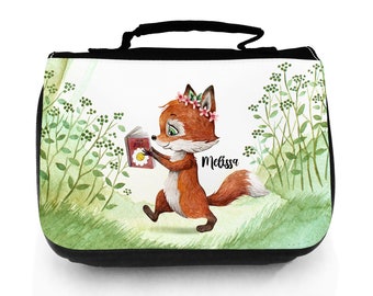 Waschtasche Waschbeutel Fuchs Füchschen mit Buch Kulturbeutel Kosmetiktasche Reisewaschtasche individuellem Wunschnamen wt224