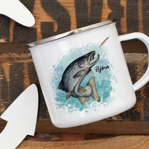 Emaillebecher Becher Tasse Camping Meerforelle Lachsforelle Fisch & Wunschname Name Kaffeetasse Geschenk eb377