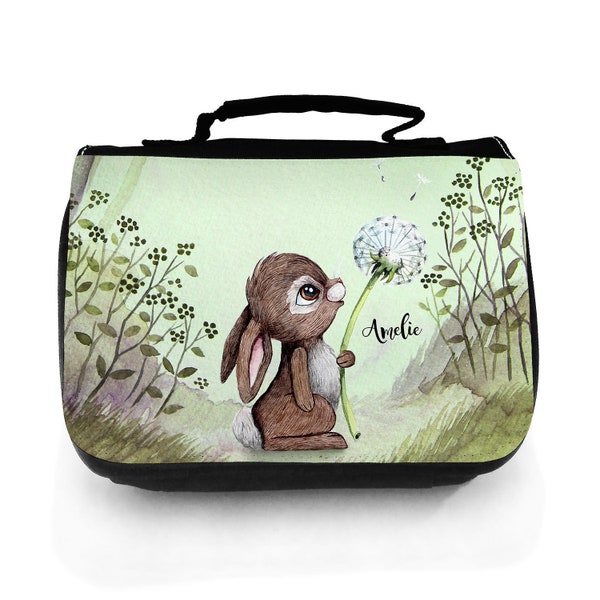 Waschtasche Waschbeutel Hase Häschen mit Pusteblume Kulturbeutel Kosmetiktasche Reisewaschtasche individuellem Wunschnamen wt225