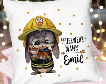 Kissen Kuschelkissen Feuerwehr Feuerwehrmann Hase Häschen mit Wunschnamen inkl. Füllung Dekokissen Geschenk für Kinder ks337