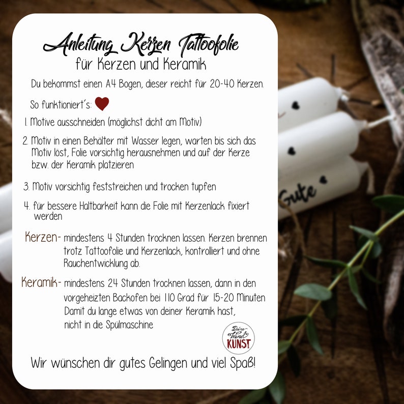 May include: A white card with instructions for applying candle tattoo foil to candles and ceramics. The card includes steps for cutting, applying, and drying the foil. Two white candles with black heart designs are in the background.