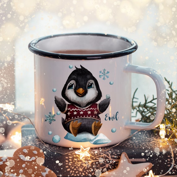Emaille Becher Tasse Pinguin mit Wunschname Name Kaffeetasse  Nikolausgeschenk Geschenk Campingbecher eb479 - .de