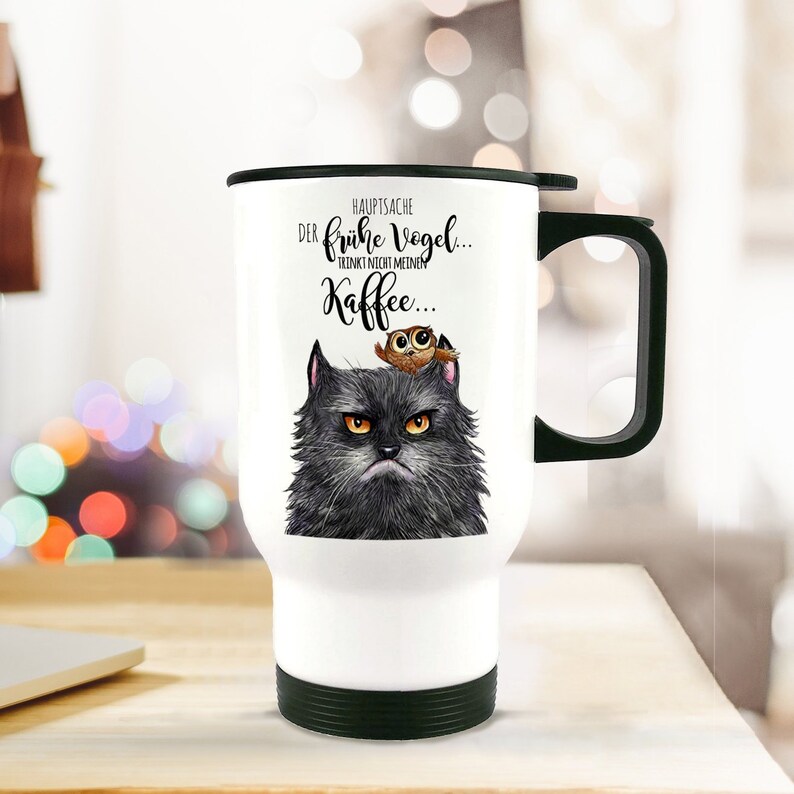 Thermo mug cup cat early bird coffee tb67 image 1