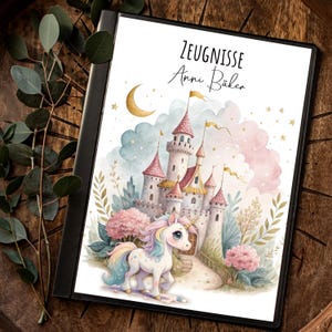 Carpeta de certificado 10 20 portada hoja de portada A4 unicornio arcoíris castillo luna nombre personalizable inicio matrícula escolar zm86
