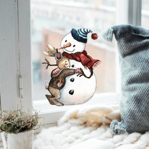 Window picture bunny bunny with snowman -REUSABLE- window decoration window pictures bf8