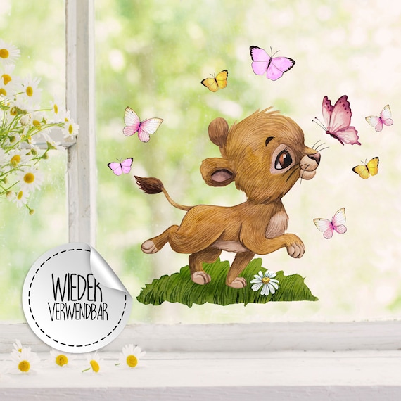 Fensterbild Löwe Löwenbaby Mädchen Schmetterlinge wiederverwendbar Fensterdeko Fensterbilder Frühling Frühlingsdeko Deko Dekoration bf64