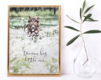 A4 Print Bär Bärenpapa Jungtier Pusteblumen Spruch Zitat Poster Plakat Druck Motto "Dream big little one." p144