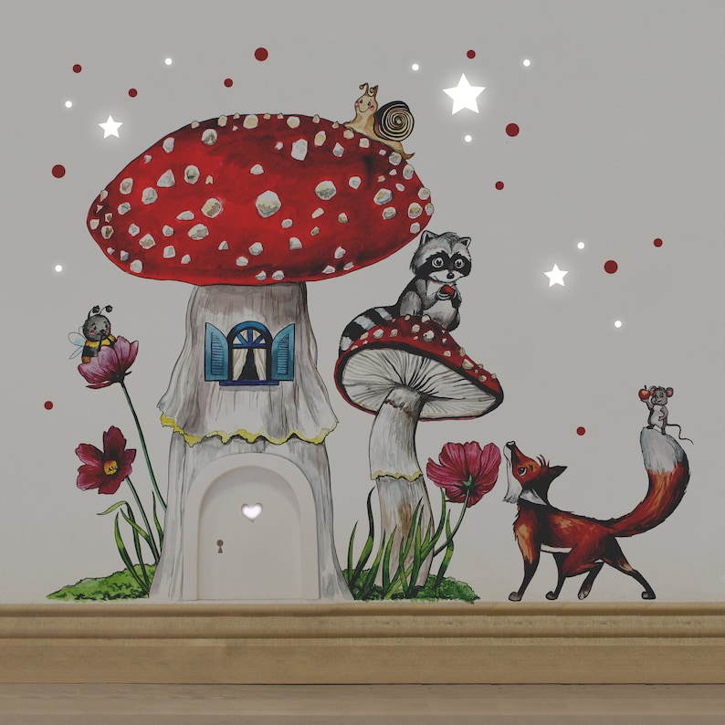 Elf door with wall sticker fly agaric forest animals e07 image 1
