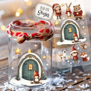 Rub-on klistermärken, julklistermärken, jultomtar, björn, skog, gran, tomtefigurer, älvor, tomtdörr, DIN lång rb33