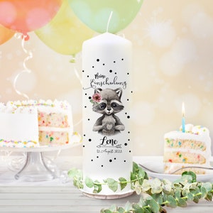 Bougie de scolarisation bougie tasse pour la rentrée scolaire pour la rentrée scolaire enfant raton laveur avec cartable nom souhaité date bundle60 sem234 ts2102
