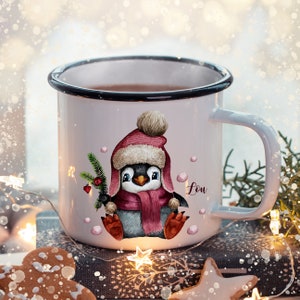 Enamel mug cup penguin with desired name name coffee cup Santa Claus gift camping mug eb475