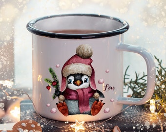 Emaille Becher Tasse Pinguin mit Wunschname Name Kaffeetasse Nikolausgeschenk Geschenk Campingbecher eb475