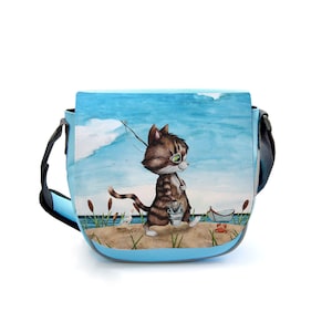 Kindergartentasche Kater Katze Kätzchen Angelkatze Angel angeln Fische Tasche blau Kindertasche Wunschname kgt41