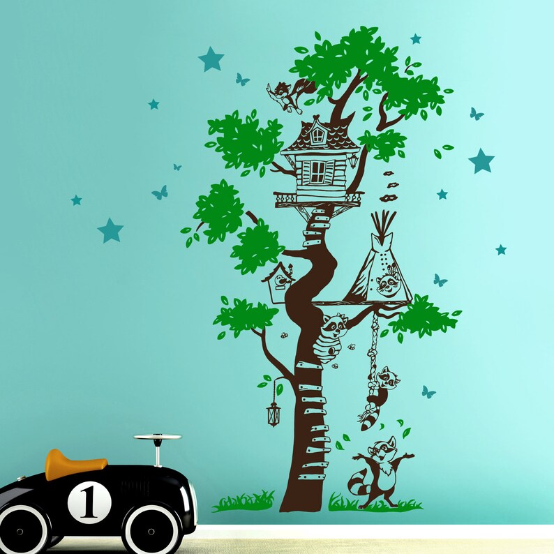 Wall sticker tree house tree raccoons stars M1793 image 2