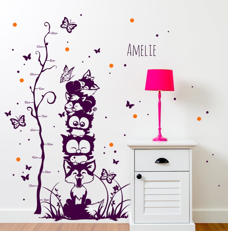 Wall decal owls foxes measuring stick tree branch 1732b image 1