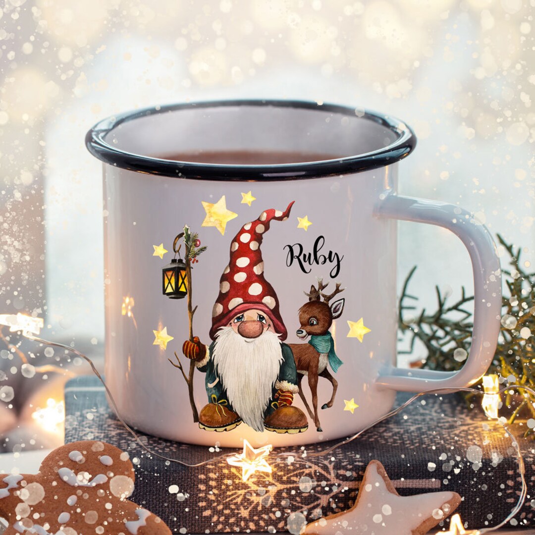 Emaille Becher Camping Tasse Winter Zwerg Reh & Name Wunschname Kaffeetasse Weihnachten Geschenk