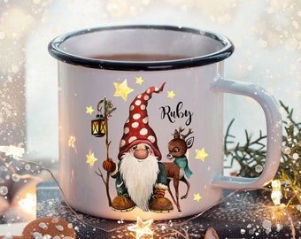 Emaille Becher Camping Tasse Winter Zwerg Reh & Name Wunschname Kaffeetasse Weihnachten Geschenk Weihnachtsmotiv eb483