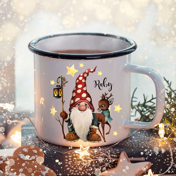 Emaille Becher Camping Tasse Winter Zwerg Reh & Name Wunschname Kaffeetasse Weihnachten Geschenk Weihnachtsmotiv eb483