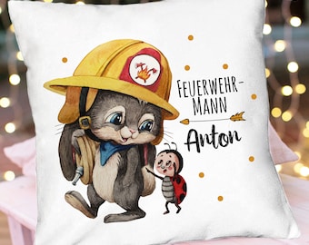 Kissen Kuschelkissen Feuerwehr Feuerwehrmann Hase Häschen mit Wunschnamen inkl. Füllung Dekokissen Geschenk für Kinder ks336