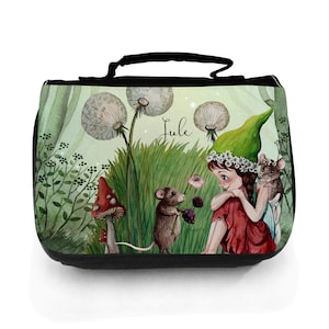 Wash bag toiletry bag elf girl gnome with mouse dandelion and desired name wt206