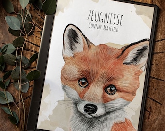 Carpeta de certificado fox Füchschen cub carpeta de certificado A4 cubierta del folleto de tareas personalizable regreso a la escuela principiantes inscripción escolar Zm05