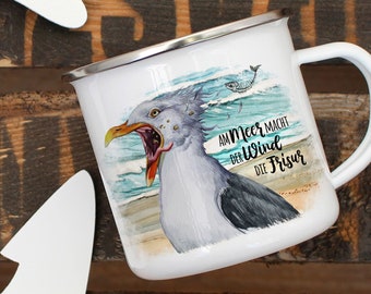 Enamel mug camping cup seagull bird saying At the sea the wind makes the hairstyle coffee cup gift saying mug eb403