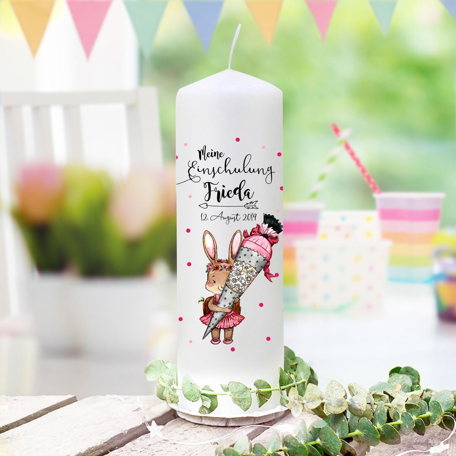 School enrollment candle candle for the start of school for the enrollment of a school child motif rabbit bunny with school cone desired name date wk172
