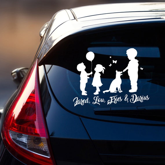 Car sticker rear window 2 boys boys 1 girl and dog dog balloon name  children kids M2392