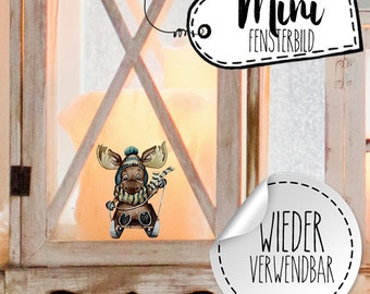 Fensterbild Fenstersticker Elch Schlitten Schneeflocken Weihnachtsfensterbild Winter Weihnachten wiederverwendbar für Kinder bf87 mini