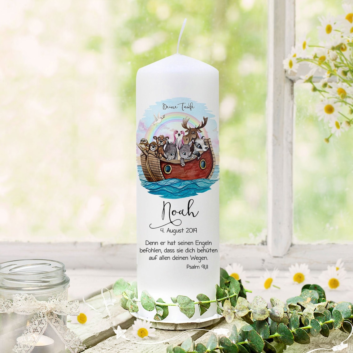 Taufkerze Arche Noah Personalisiert - Mit Namen, Datum & Taufspruch | Weiße Kerze 25x7cm