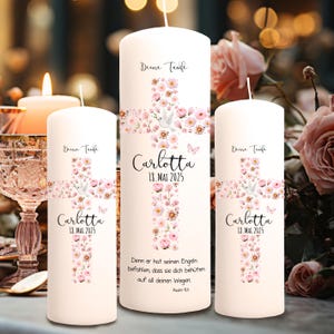 Vela de bautizo para niña, vela para padrinos, vela para invitados, luz, cubierta, vela para bautizo, flor, cruz, flores, nombre deseado, diciendo, personalizable, wk258