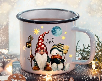 Emaille Becher Tasse Zwerg Schneemann mit Wunschname Name Kaffeetasse Nikolausgeschenk Geschenk Campingbecher eb474