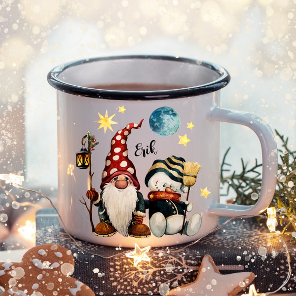 Emaille Becher Tasse Zwerg Schneemann mit Wunschname Name Kaffeetasse Nikolausgeschenk Geschenk Campingbecher eb474