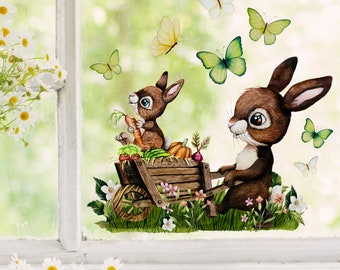 Window picture bunny with child bunnies with wheelbarrow butterflies reusable window decoration window pictures Easter spring Easter decoration bf196