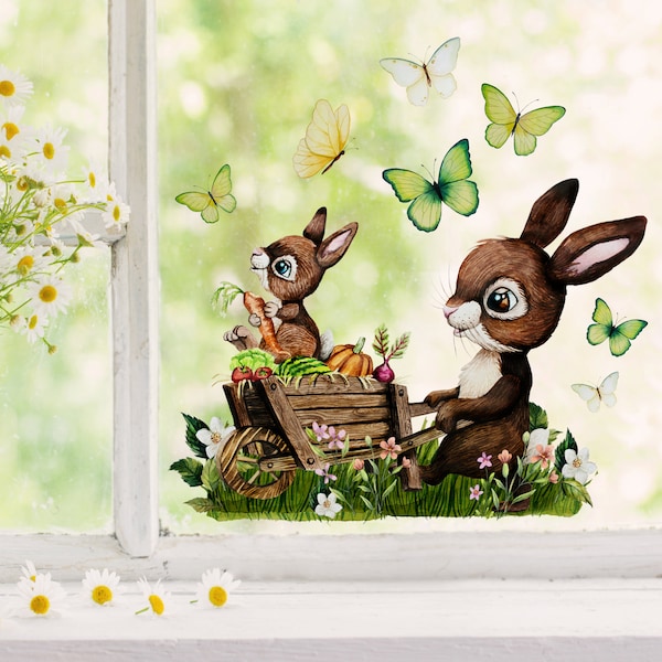 Fensterbild Hase mit Kind Hasen mit Schubkarre Schmetterlinge wiederverwendbar Fensterdeko Fensterbilder Ostern Frühling Osterdeko bf196