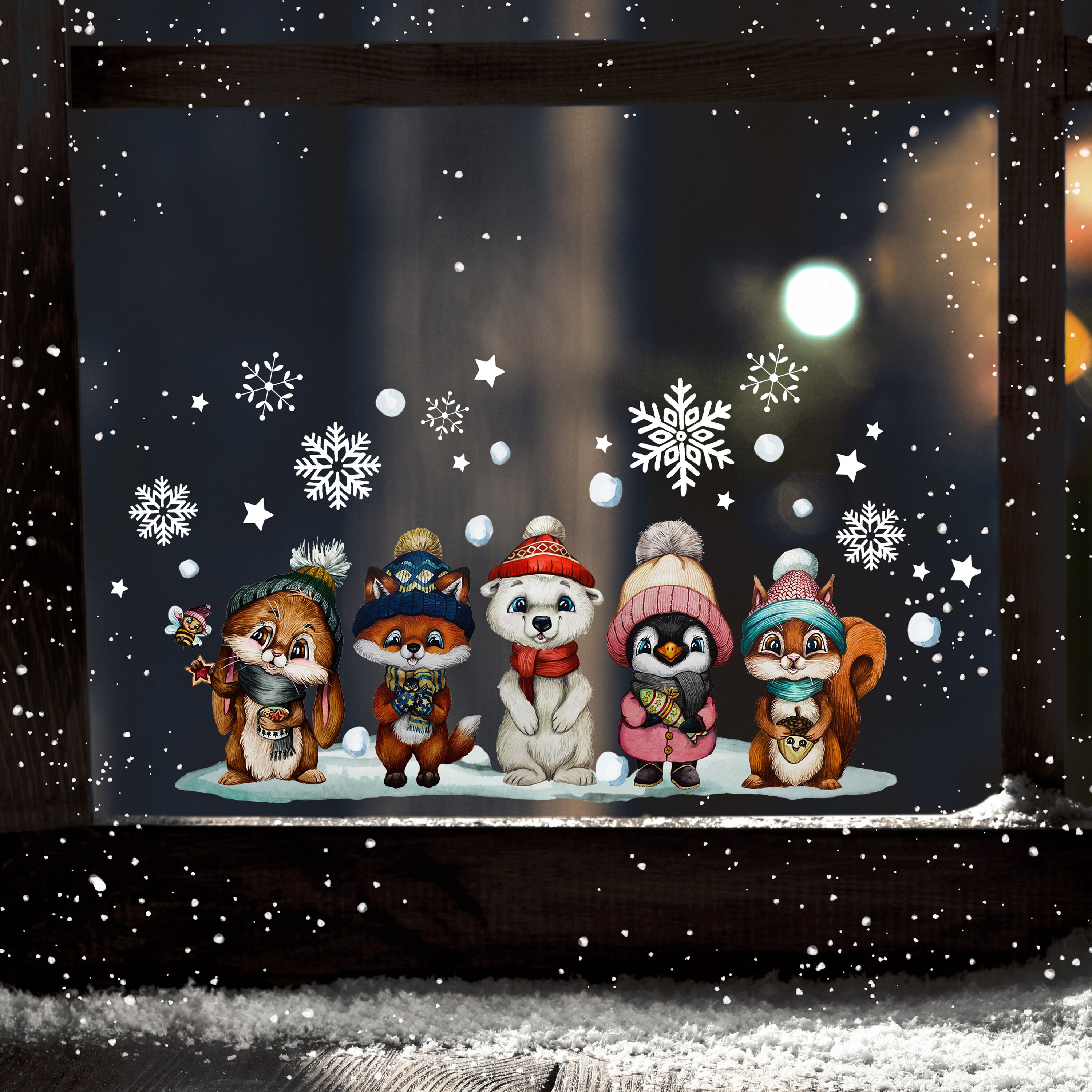 Fensterbild Fenstersticker Tierkinder Fuchs Hase Pinguin Eisbär  Eichhörnchen Schneeflocken Weihnachtsfensterbild wiederverwendbar bf145 -   Österreich