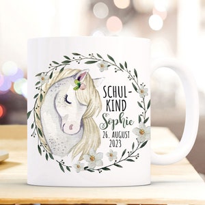 Cup enamel mug for starting school horse mare mold wreath saying school child desired name date gift bundle83 ts2131 eb696