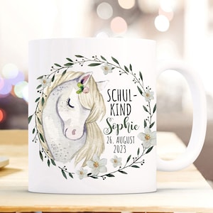 Cup enamel mug for starting school horse mare mold wreath saying school child desired name date gift bundle83 ts2131 eb696