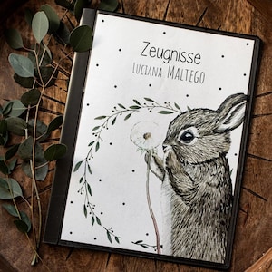 Zeugnismappe 10er 20er Hülle Deckblatt A4 Hase Häschen Pusteblume personalisierbar Schulanfang Einschulung Wunschname Name zm56