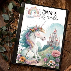 Carpeta de certificado 10 20 portada hoja de portada A4 unicornio unicornio arcoíris castillo arcoíris nombre personalizable inicio matrícula escolar zm84