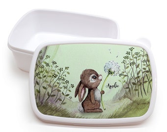 Lunch box lunch box white bunny with dandelion in the forest & desired name gift school enrollment kindergarten LBr14