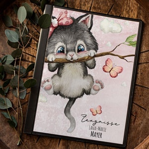 Dossier certificat livret de devoirs couverture chat chaton branche papillons personnalisable rentrée scolaire rentrée scolaire nom souhaité zm07