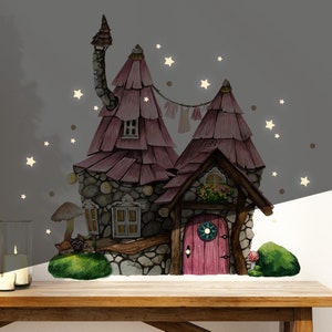 Gnome door elf door fairy door with wall sticker elf house with animals on moss hill in the forest light sticker E37 image 1