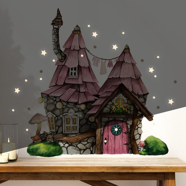 Gnome door elf door fairy door with wall sticker elf house with animals on moss hill in the forest + light sticker E37