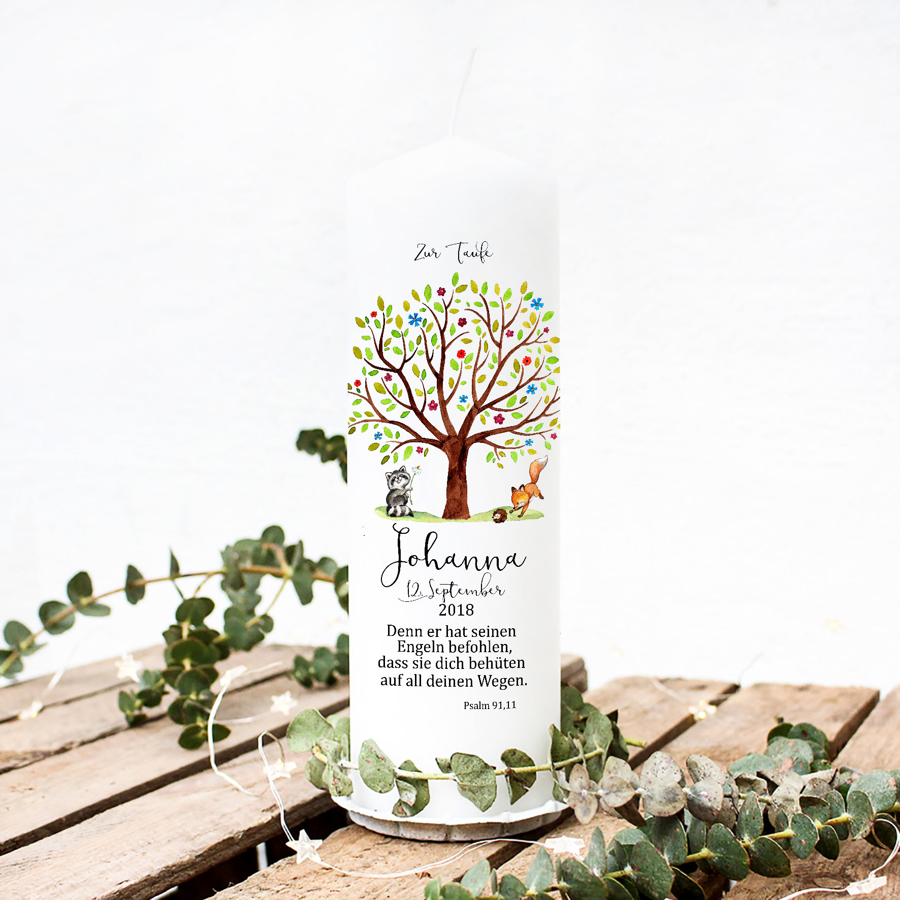 Individualisierbare Taufkerze Mit Fuchs-Motiv - Handgemalt In Deutschland Mit Wunschname