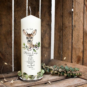 Baptism candle candle for baptism deer deer border flowers saying customizable wk87