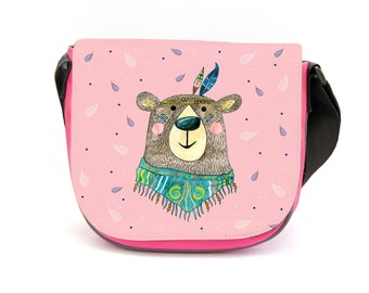 Kindergartentasche Boho mit Bär Braunbär Federschmuck Tasche rosa mit Punkte Kindertasche kgt49